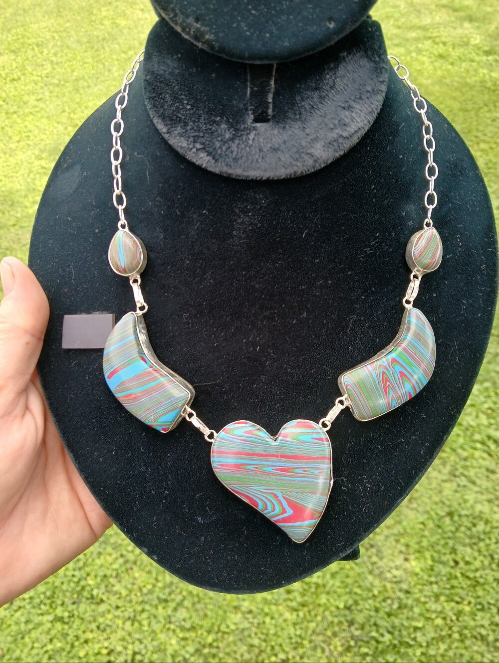 New Rainbow Calsilica 925 Silver Statement Necklace. 